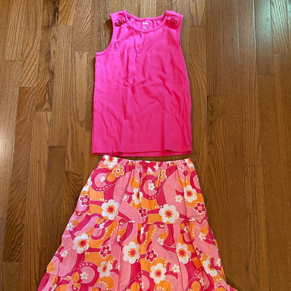Gymboree 2 pc set - Pink Sleeveless Tee with Tropical Print Long Skirt - Size 10